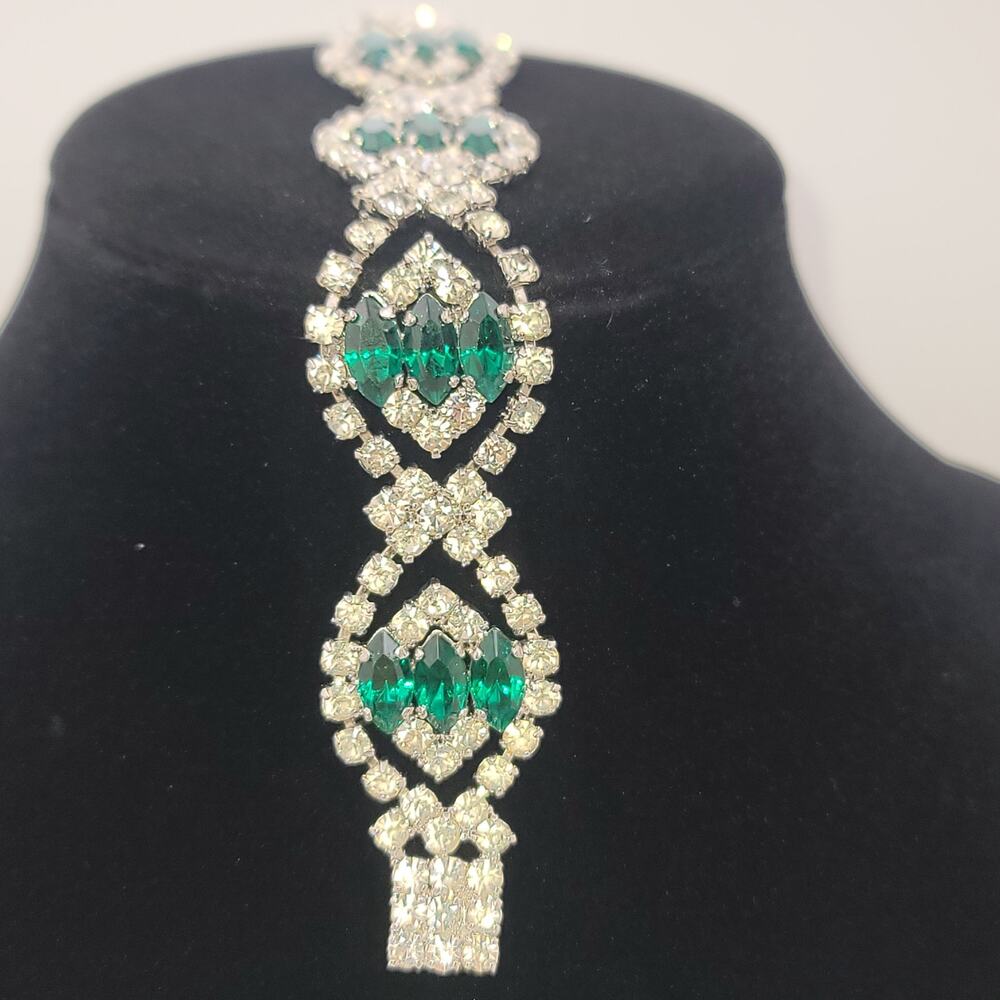 Vintage Silver-tone Clear Emerald Green Rhinestones Bracelet